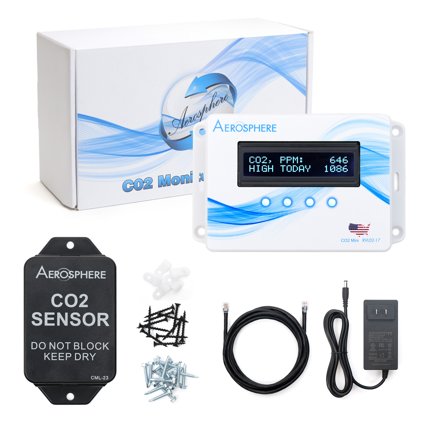 Aerosphere® CO2 Indoor Air Quality Monitor Kit with Sensor, Hardware, and Cables