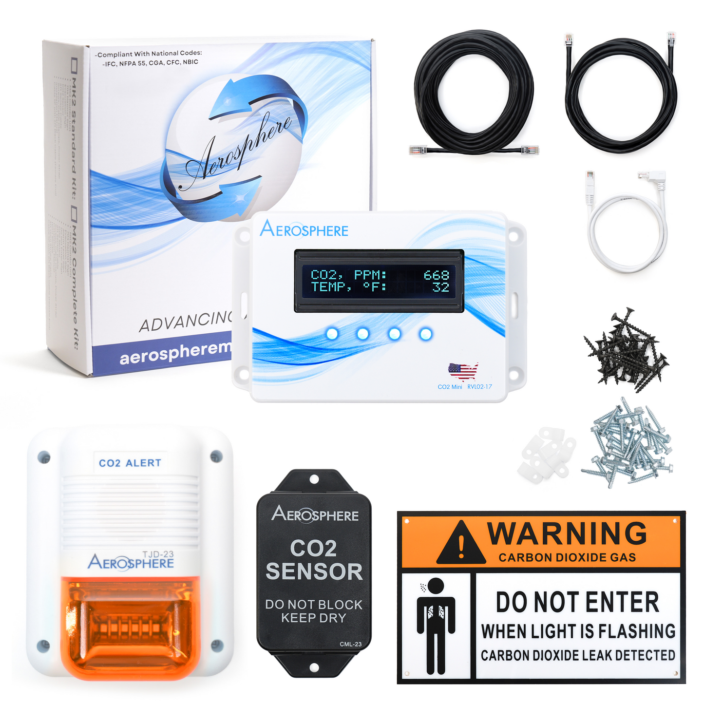 Aerosphere® CO2 Secondary Unit for Industrial Safety with Sensor, Signage, Hardware, and Cables
