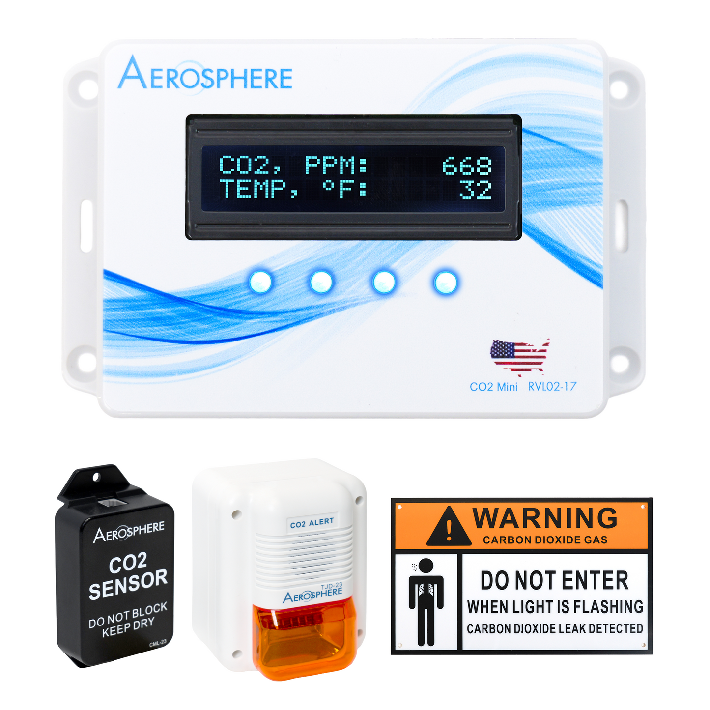 Aerosphere® CO2 Secondary Unit for Industrial Safety with Sensor, Signage, Hardware, and Cables