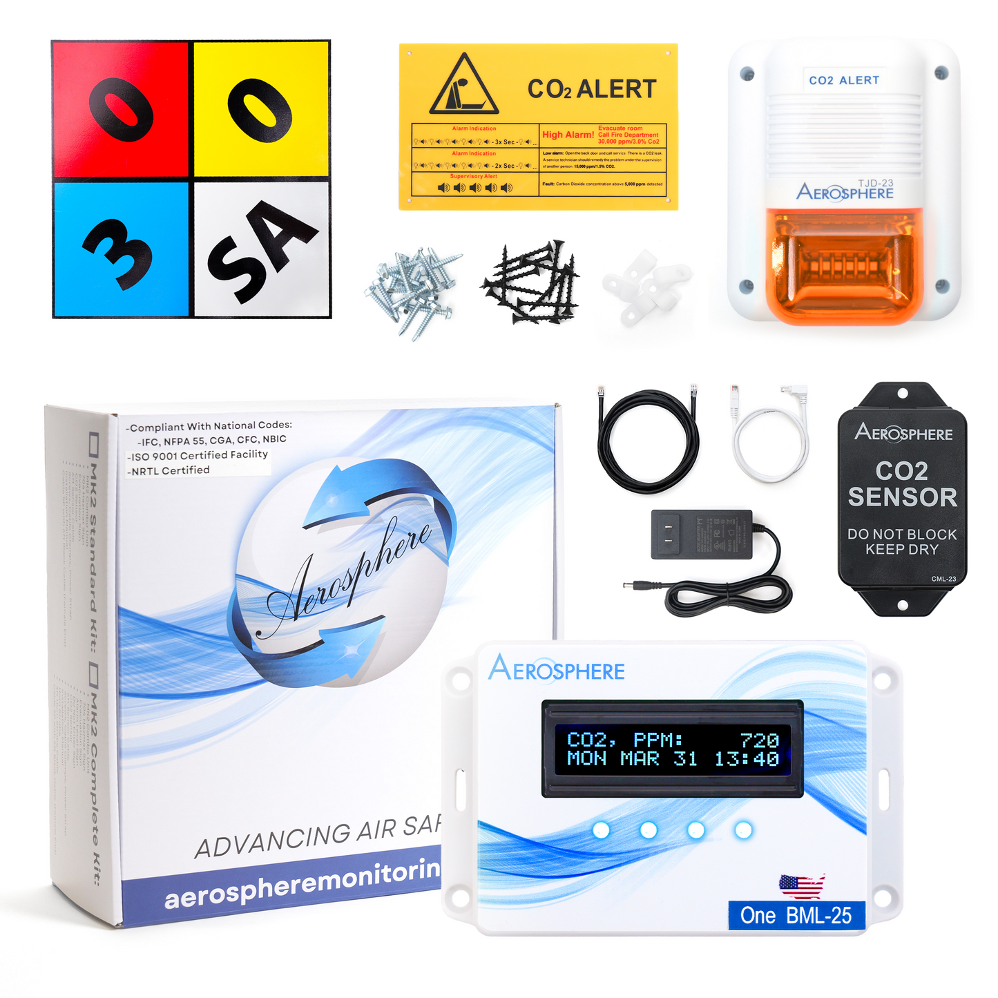 Complete Aerosphere® One CO2 Gas Leak Detection System Unit Kit with Sensor, Signage, Hardware, and Cables