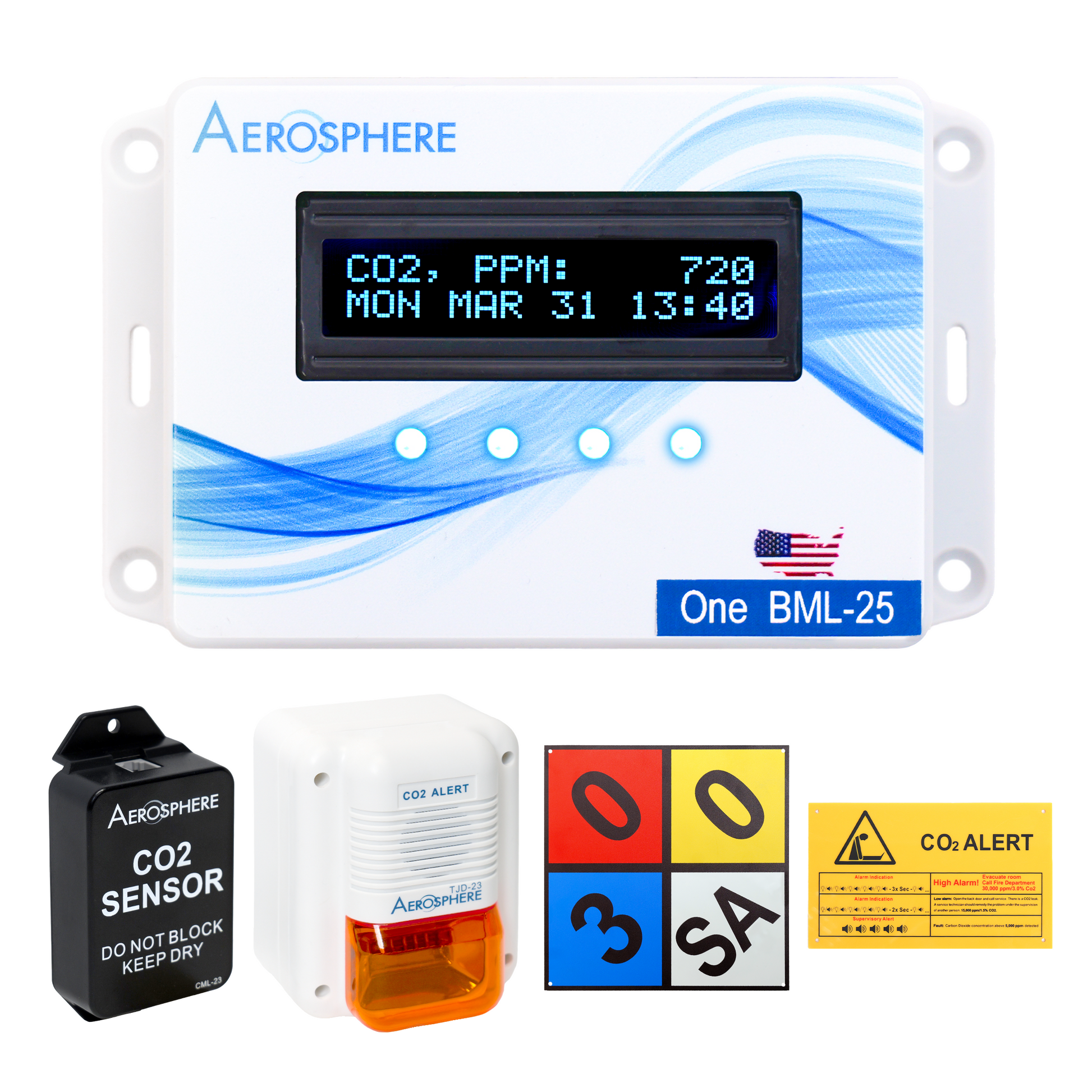 Complete Aerosphere® One CO2 Gas Leak Detection System Unit Kit with Sensor, Signage, Hardware, and Cables