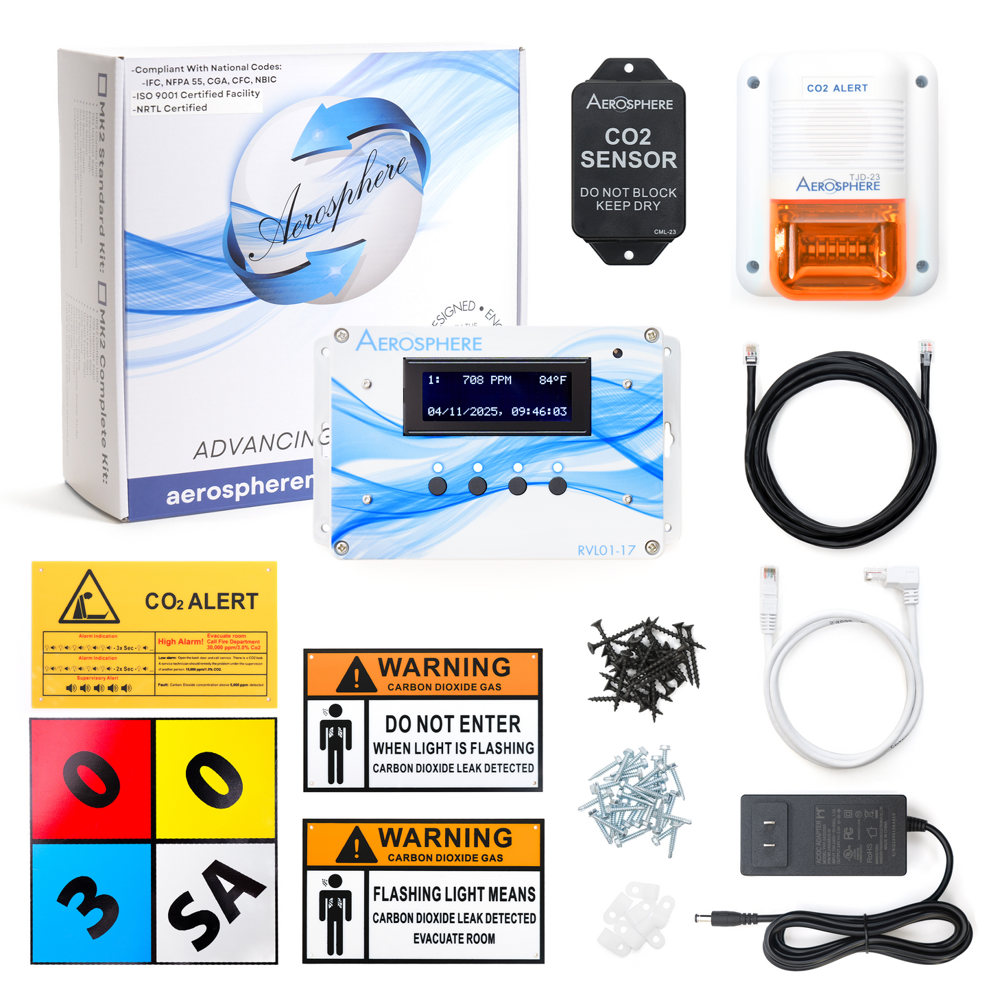 Complete Aerosphere® Complete Primary CO2 Monitoring Gas Detection System Kit with Sensor, Signage, Hardware, and Cables