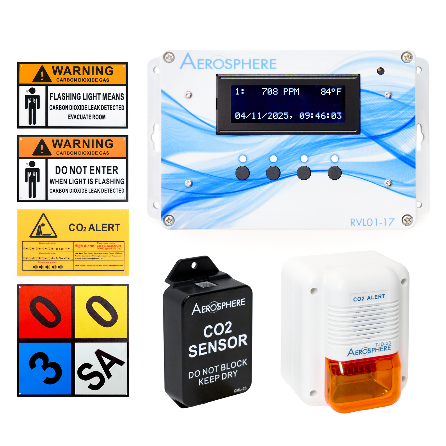 Complete Aerosphere® Complete Primary CO2 Monitoring Gas Detection System Kit with Sensor, Signage, Hardware, and Cables