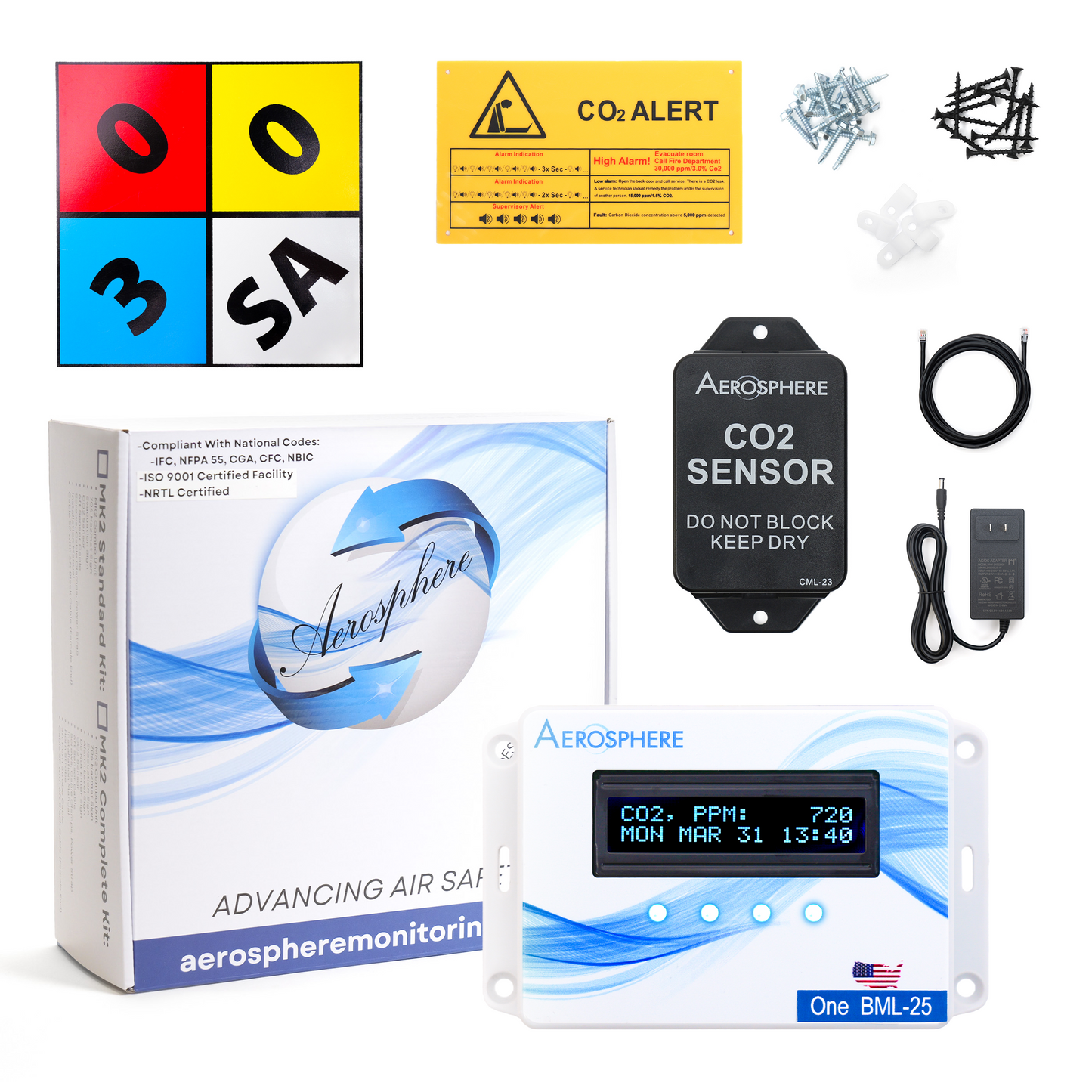 Standard Aerosphere® One CO2 Gas Leak Detection System Unit Kit with Signage, Hardware, and Cables