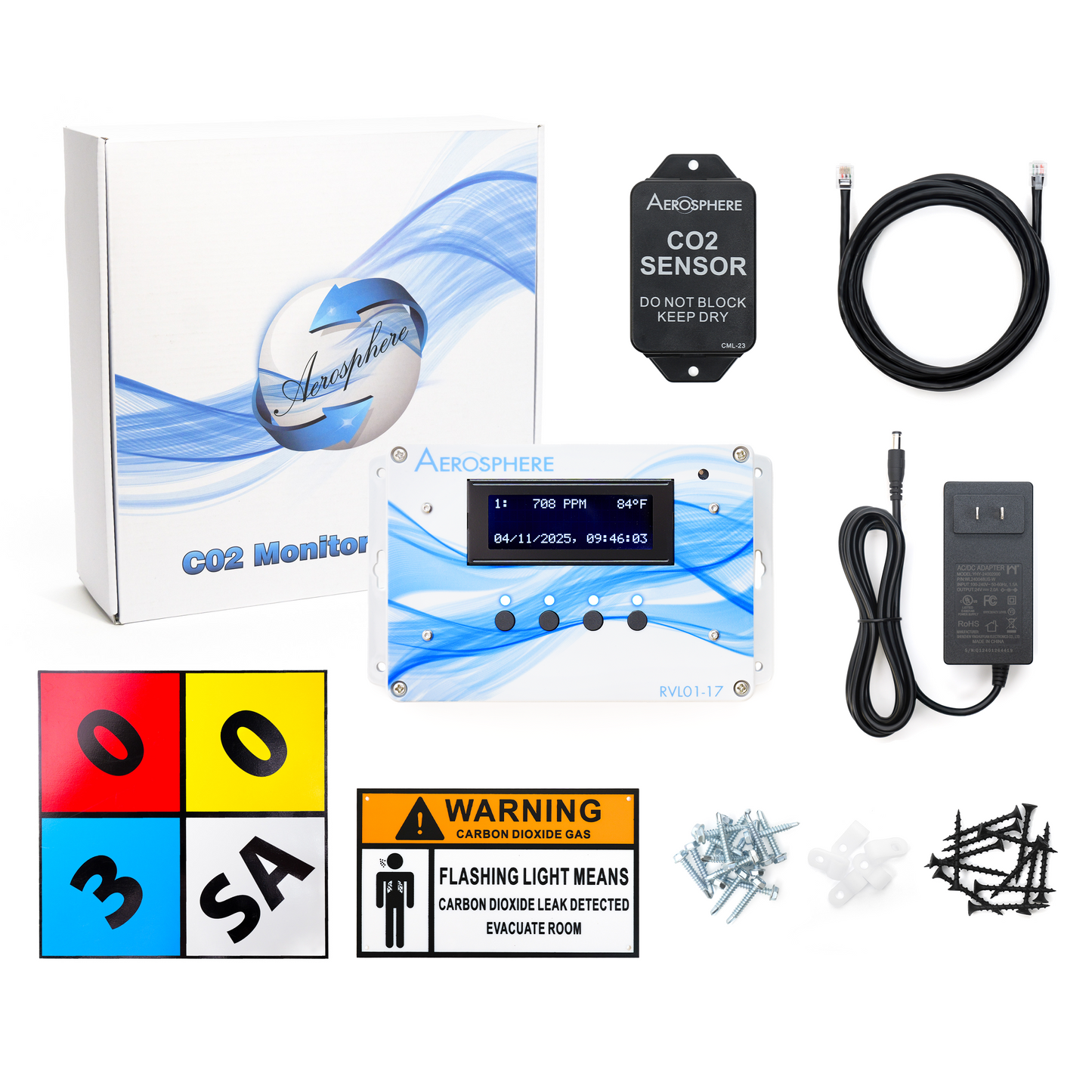Standard Aerosphere® RVL01-17 Primary CO2 Monitoring Gas Detection System with Sensor, Signage, Hardware, and Cables