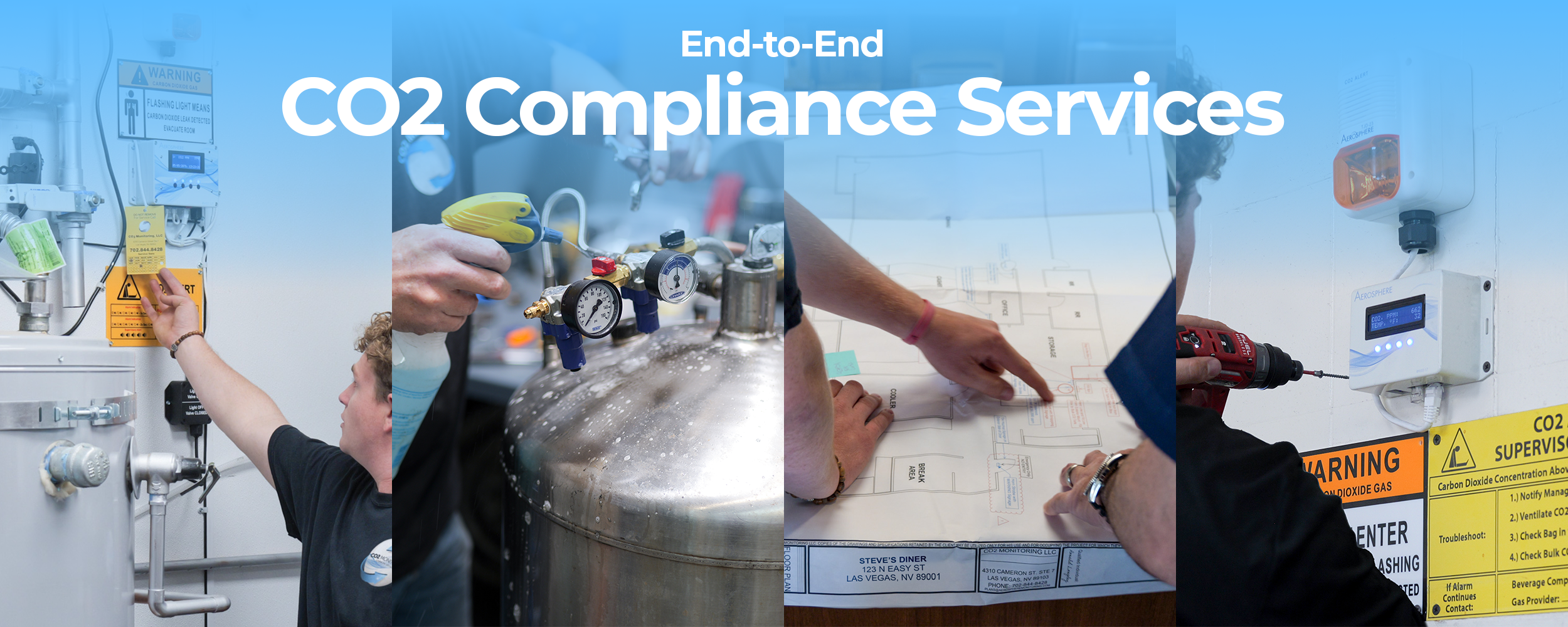 Collage of CO2 compliance services with text 'End-to-End CO2 Compliance Services'.