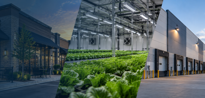A split-screen view showing a modern commercial building with outdoor dining on one side and a large indoor vertical farm with rows of green lettuce on the other, with a diagonal split overlay of the lettuce field.